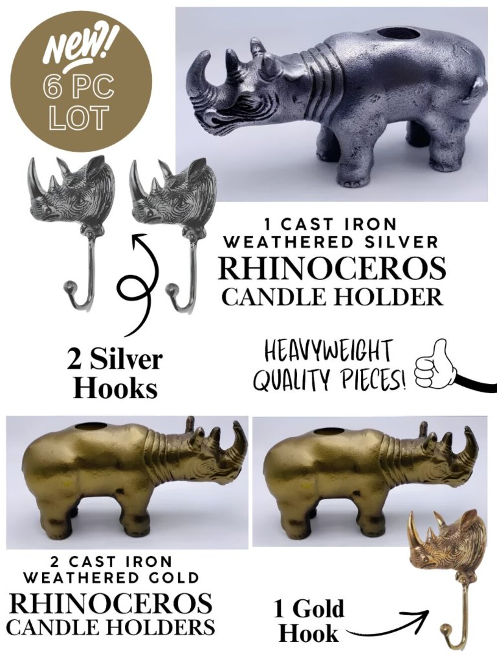 6 PC Lot of Iron Brass Rhinoceros Candlestick Holders & Wall Hooks Safari Theme